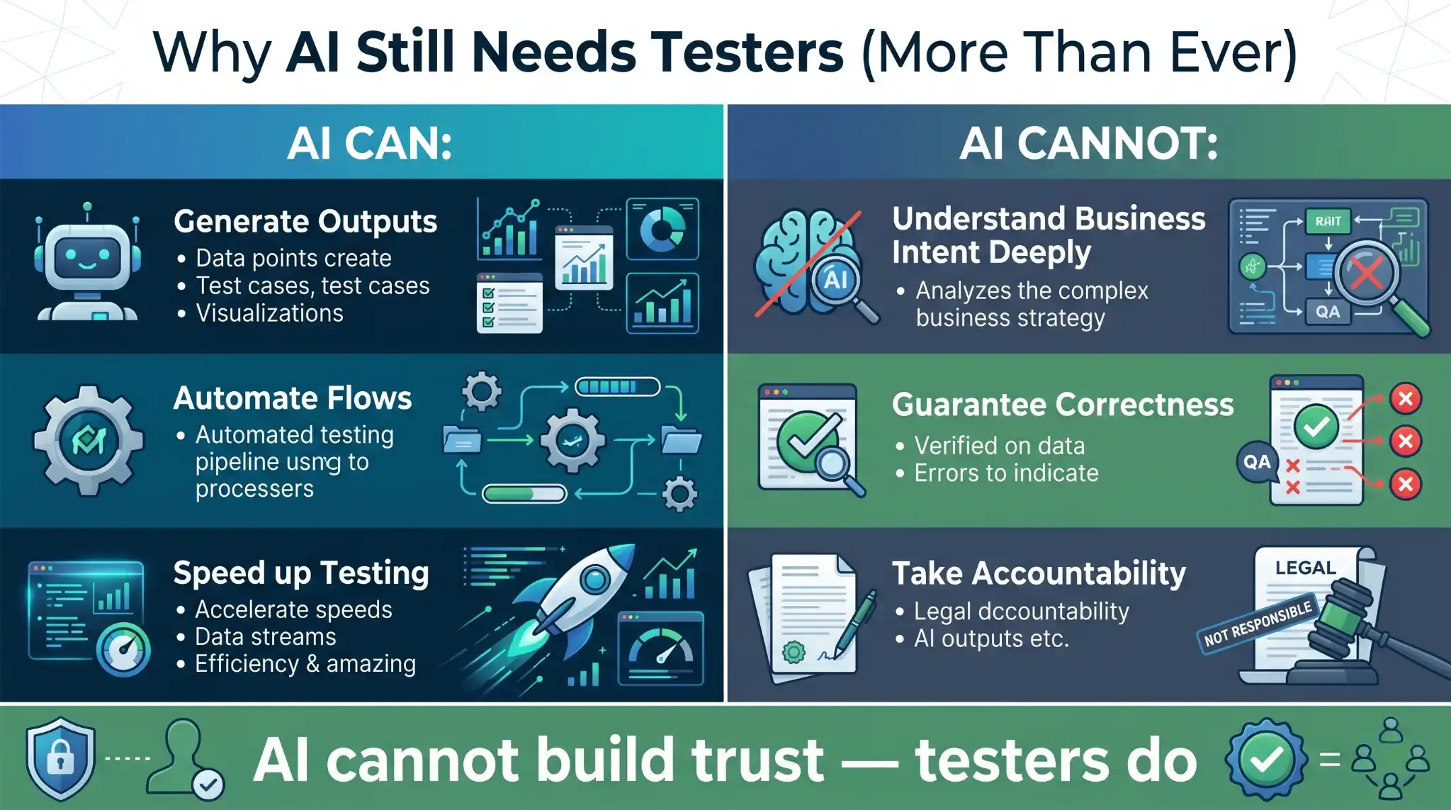 Infographic showing 3 career paths for testers in the AI era: building AI-driven testing workflows, testing AI systems and agents, and transitioning into AI-aware engineering roles with key skills and responsibilities.