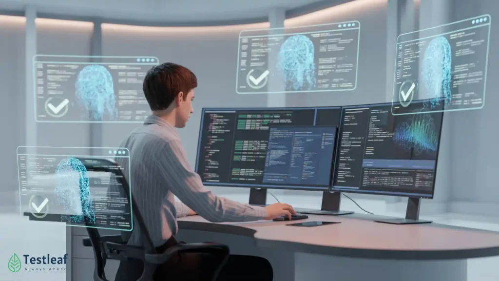 Title image for “Why AI Testing Needs QA Engineers More Than Ever” showing QA engineers validating AI-generated outputs, identifying testing risks, and ensuring reliable AI-driven software quality.