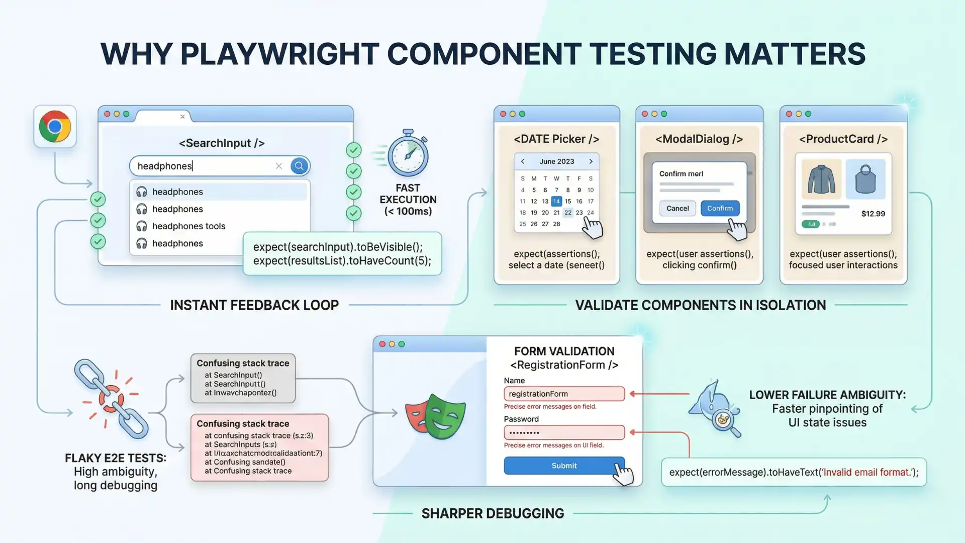 Infographic showing how Playwright component testing helps QA teams validate isolated UI behavior in a real browser with faster feedback and lower flakiness.