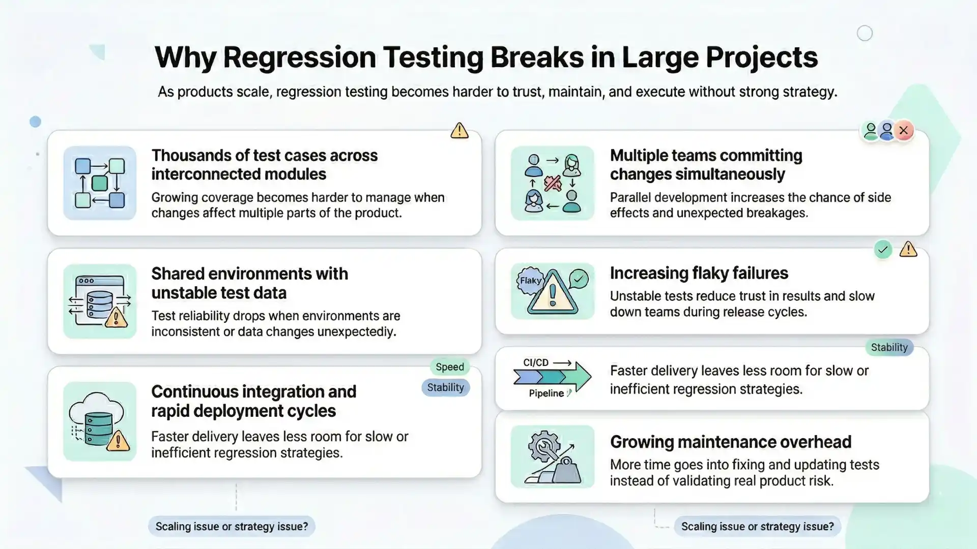 Infographic explaining why regression testing breaks in large software projects, highlighting test case growth, multiple team changes, unstable environments, flaky failures, CI/CD pressure, and maintenance overhead.