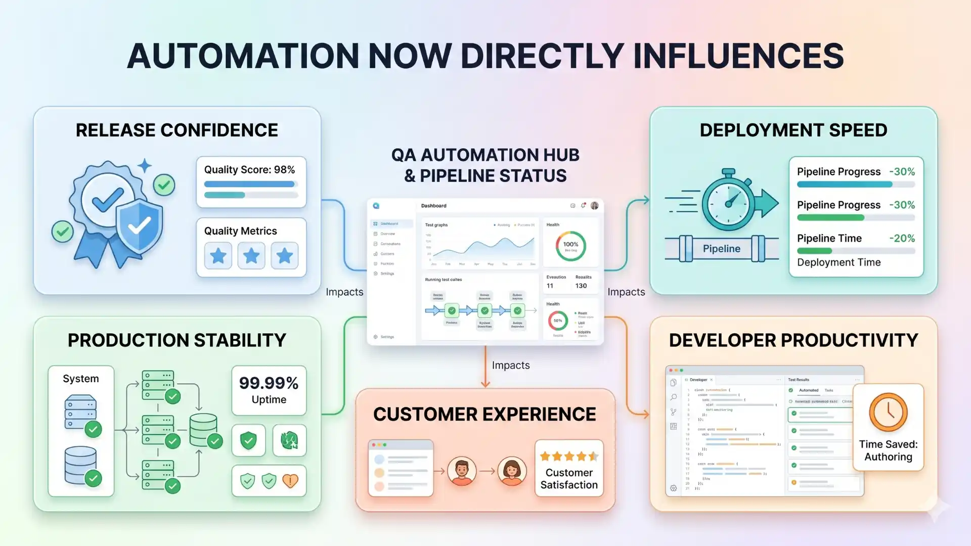 Infographic showing how QA automation influences release confidence, deployment speed, production stability, developer productivity, and customer experience in modern CI/CD pipelines.