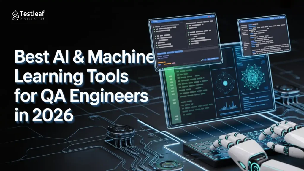 Title image for “Best AI & Machine Learning Tools for QA Engineers in 2026” showing AI-driven software testing, automation workflows, machine learning tools, and QA engineers using intelligent testing solutions