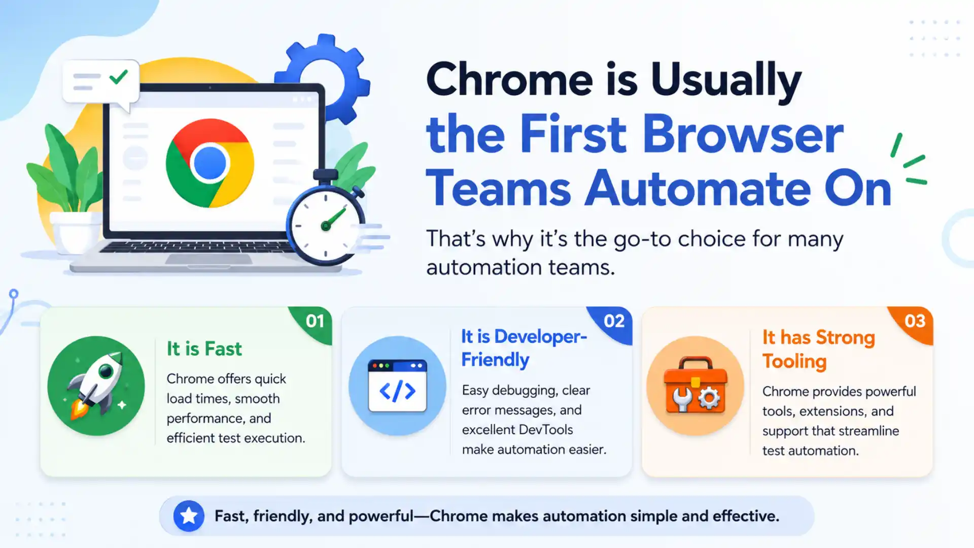 Infographic explaining why Chrome is usually the first browser teams automate on in Selenium because it is fast, developer-friendly, and has strong tooling.