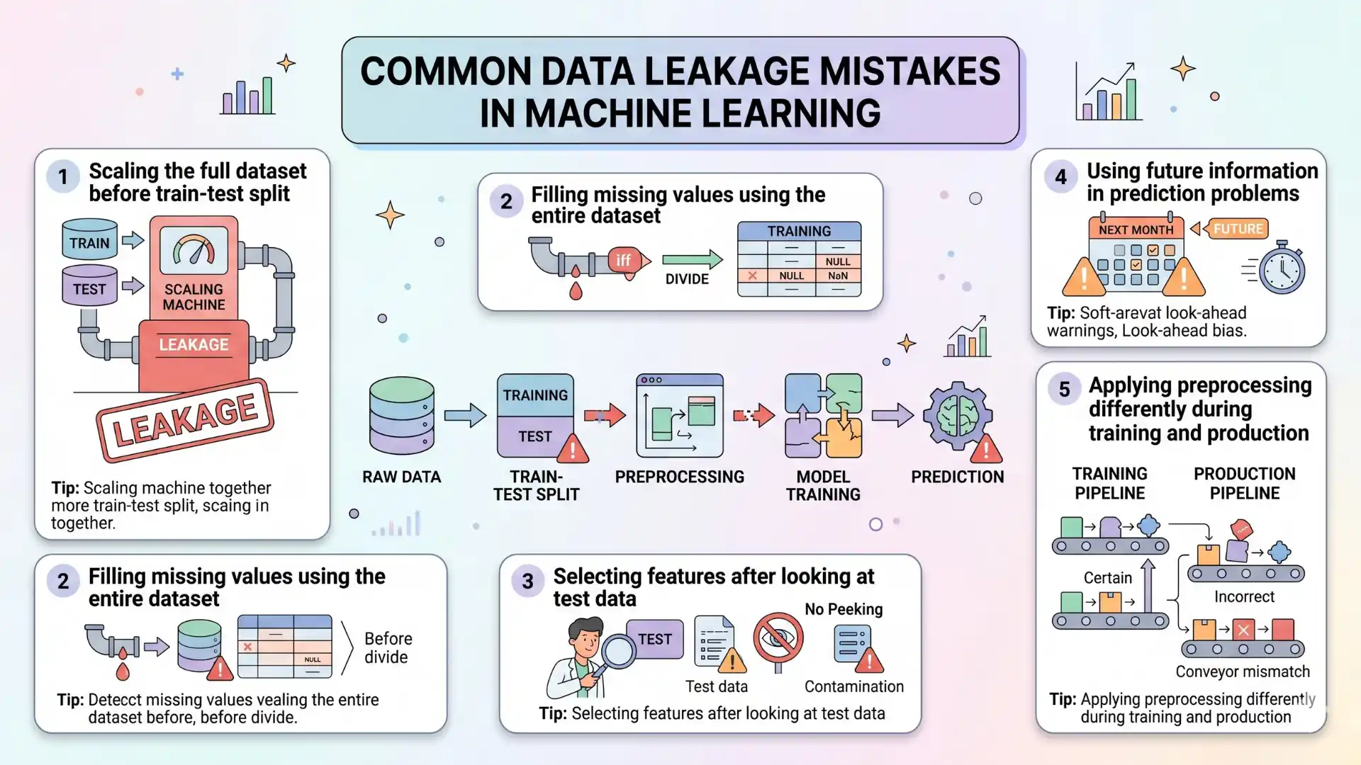 Infographic showing common data leakage mistakes in machine learning, including scaling the full dataset before train-test split, filling missing values using entire data, selecting features after viewing test data, using future information, and applying inconsistent preprocessing in training and production.