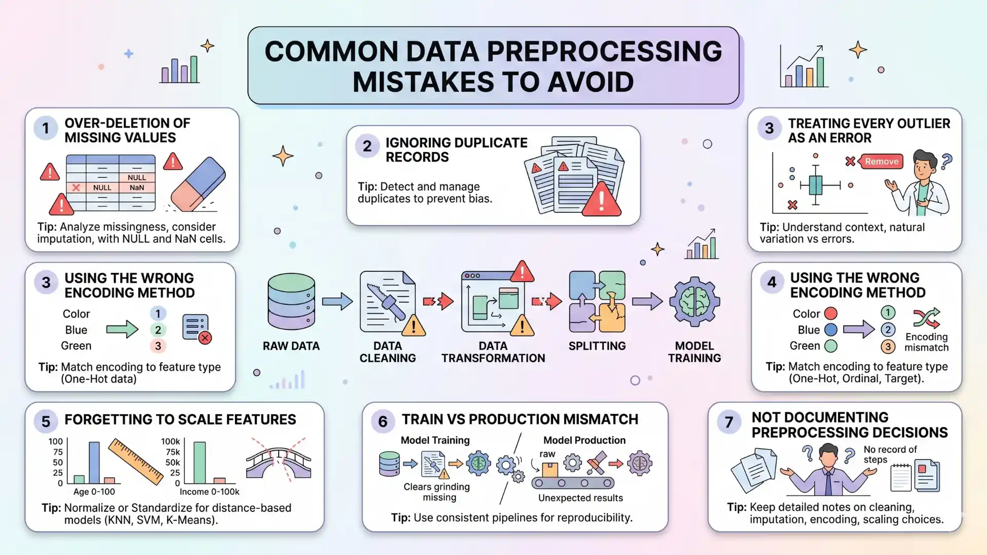 Infographic showing common data preprocessing mistakes to avoid in machine learning, including removing missing values without analysis, ignoring duplicates, treating outliers incorrectly, using wrong encoding methods, skipping feature scaling, applying inconsistent preprocessing, and failing to document decisions.