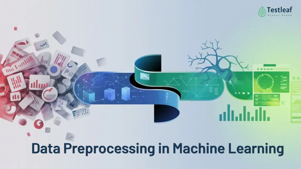 Hero image illustrating data preprocessing in machine learning, showing raw data transformed into structured insights using a machine learning workflow, analytics charts, and AI model visualization.
