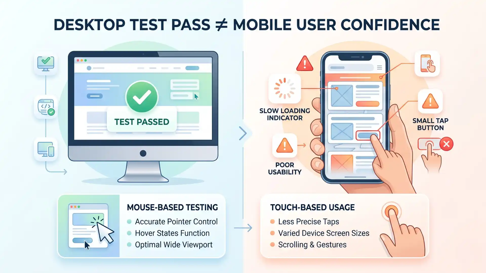 Infographic showing why Playwright tests pass on desktop but fail for mobile users due to smaller viewports, touch behavior, slower networks, mobile browser differences, and real user conditions.