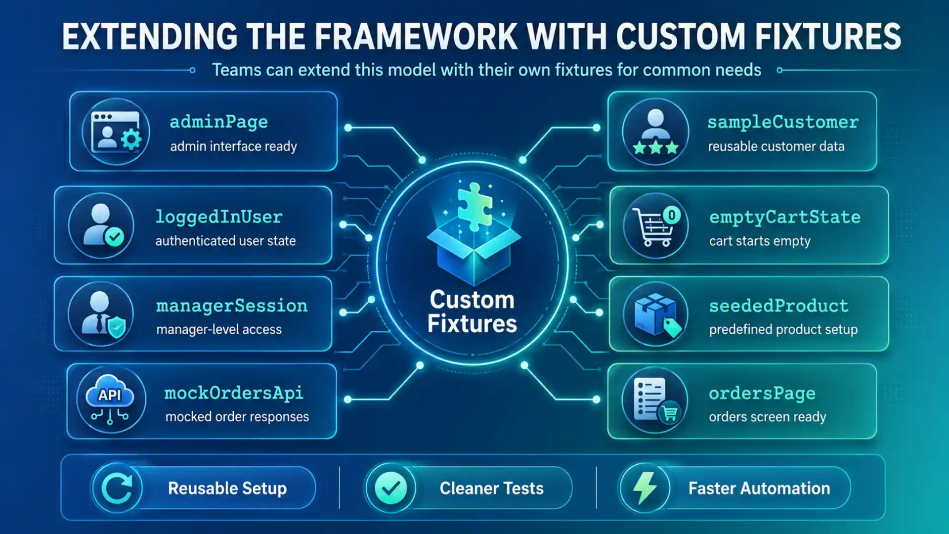 Custom Playwright fixtures framework showing adminPage, loggedInUser, mockOrdersApi, sampleCustomer, emptyCartState, seededProduct, and reusable setup for cleaner automation tests.