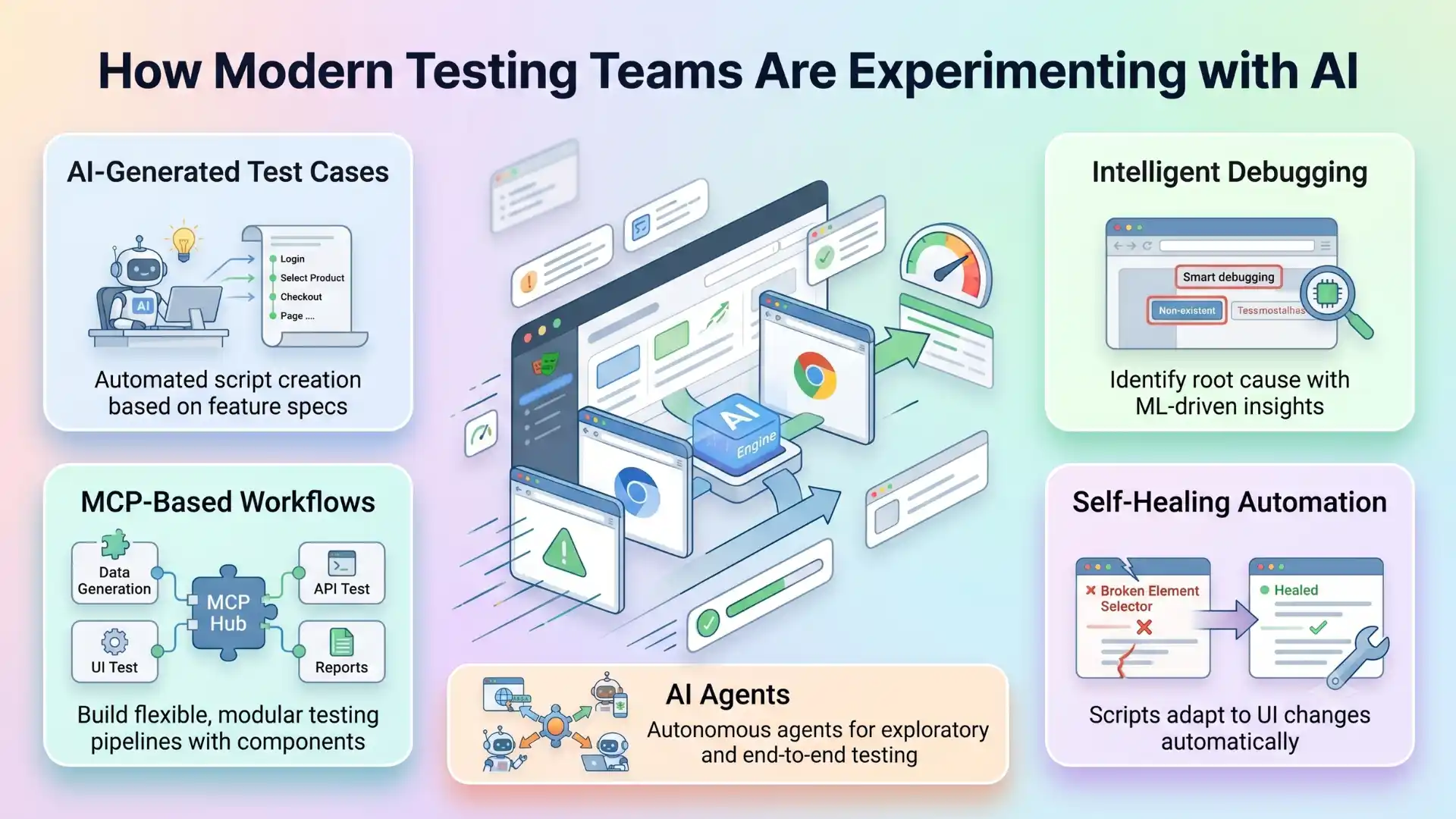 Infographic showing how modern testing teams are experimenting with AI, including AI-generated test cases, intelligent debugging, self-healing automation, AI agents, and MCP-based workflows in software testing.
