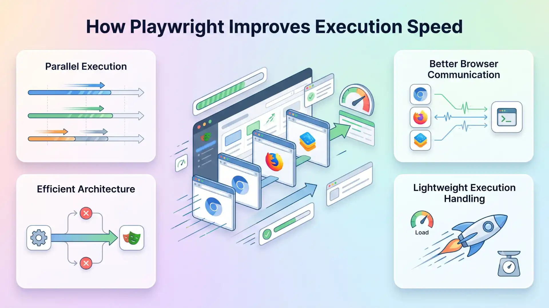 Infographic explaining how Playwright improves execution speed through parallel execution, better browser communication, efficient architecture, and lightweight execution handling for faster QA automation and CI/CD testing.
