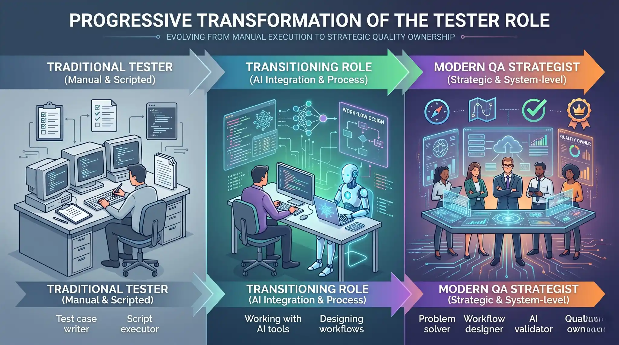 AI in software testing showing the tester role evolving from manual execution to AI-assisted QA strategist, workflow designer, AI validator, and quality owner