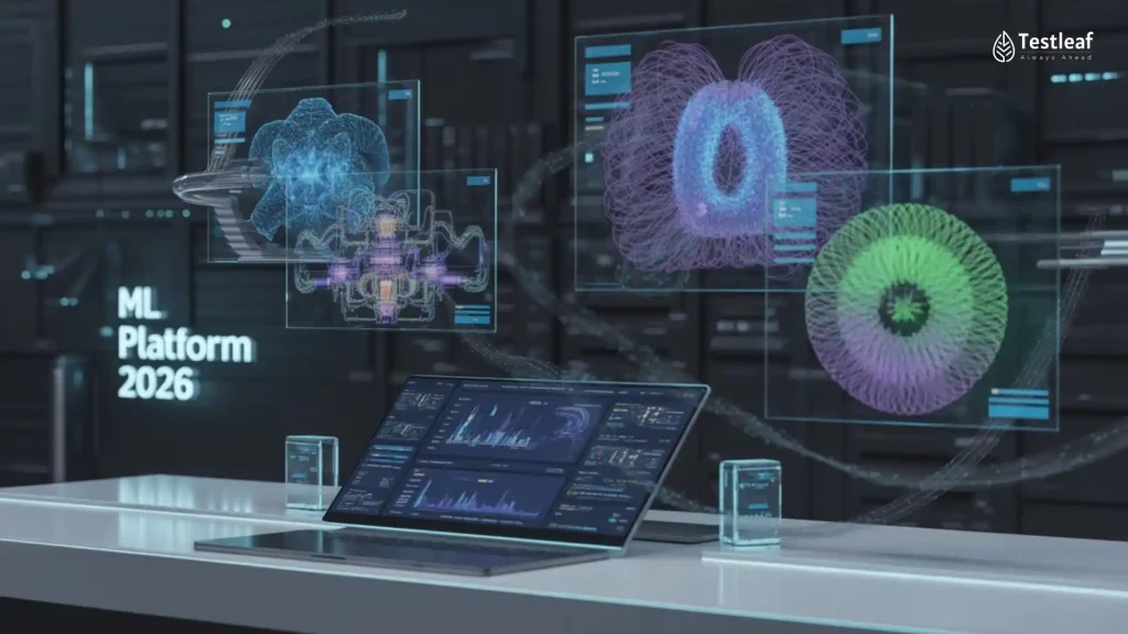 Machine learning platforms in 2026 for QA teams showing AI data models, analytics dashboard, and holographic ML visuals for AI in software testing by Testleaf.
