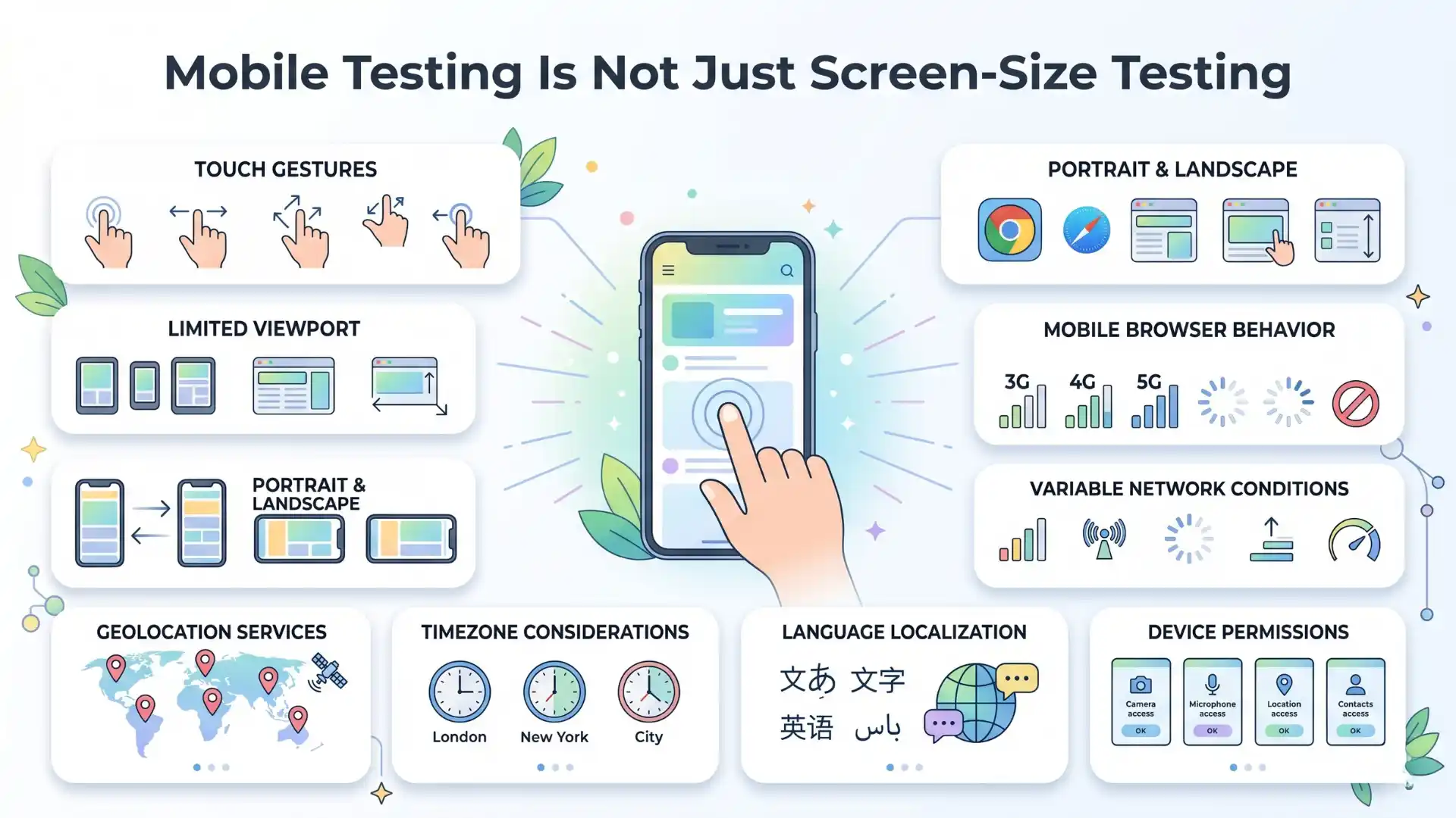 Infographic explaining that Playwright mobile testing is more than screen-size testing, covering touch gestures, mobile browsers, orientation changes, slow networks, geolocation, timezone, language, and permissions.