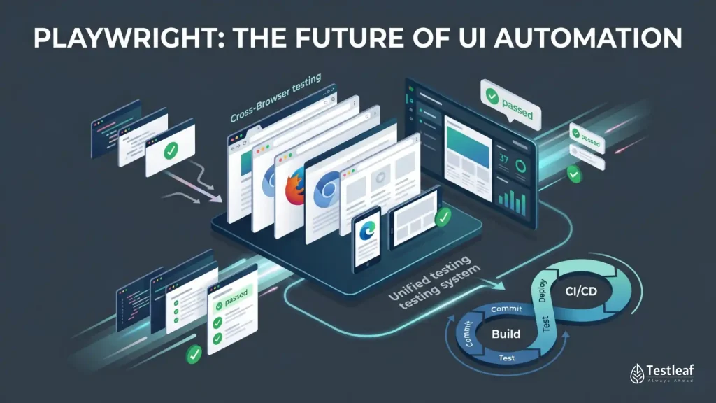 Playwright: The future of UI automation showing cross-browser testing, unified testing system, and seamless CI/CD integration for efficient test execution and faster automation cycles.