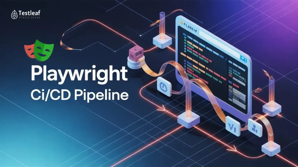 Hero image showing Playwright CI/CD pipeline automation with test execution workflow, code dashboard, deployment flow, and modern QA pipeline integration for faster release confidence.
