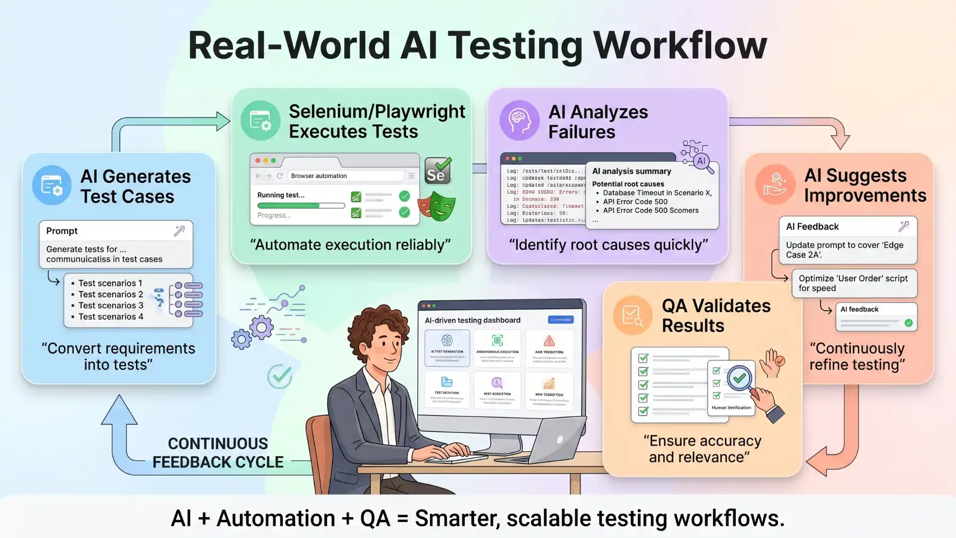 Infographic showing a real-world AI testing workflow where AI generates test cases, Selenium or Playwright executes tests, AI analyzes failures, QA validates results, and AI suggests improvements.