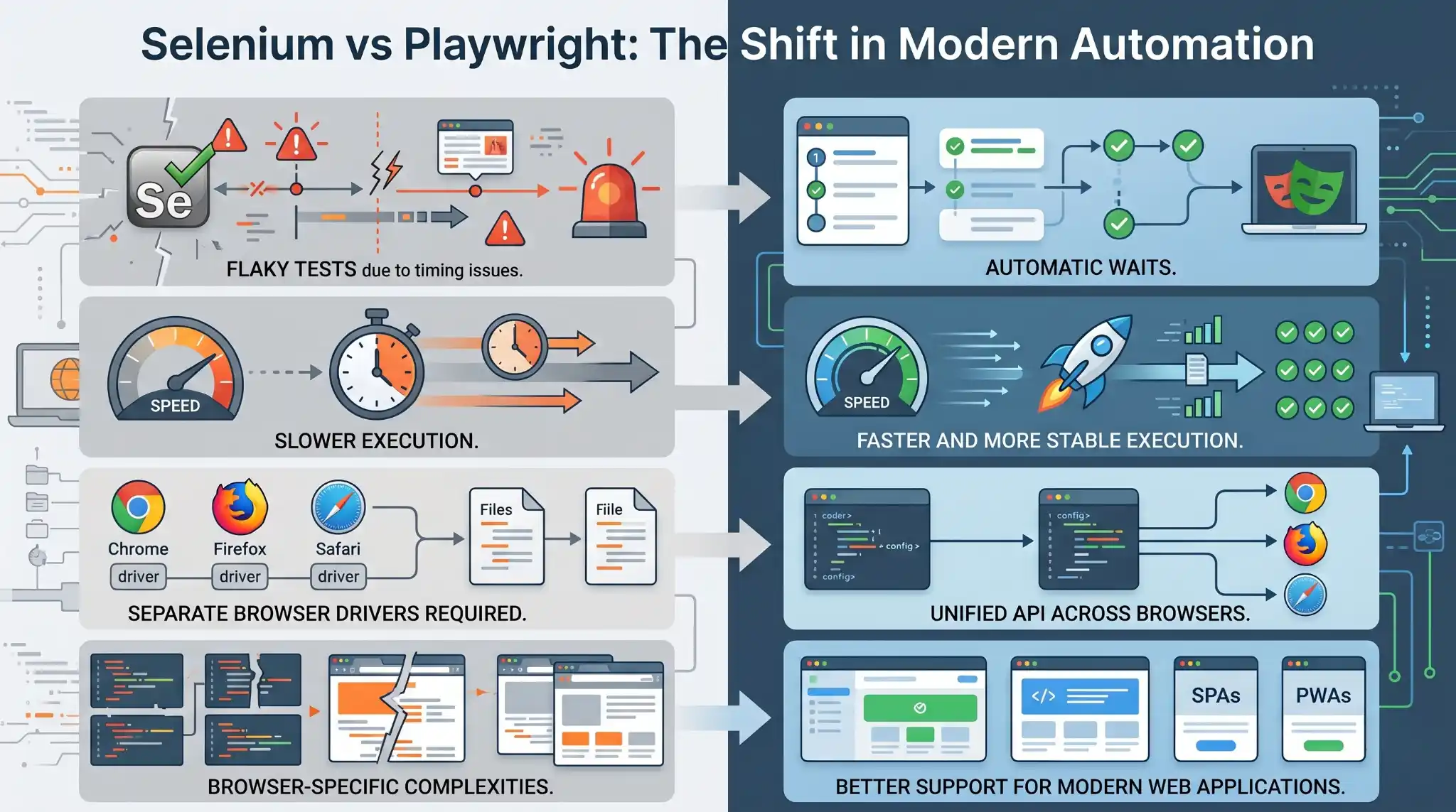 Comparison between Selenium and Playwright showing the shift in modern automation: Playwright’s faster, more stable execution, automatic waits, unified API, and better support for modern web apps versus Selenium’s flaky tests, slower execution, separate browser drivers, and browser-specific complexities.