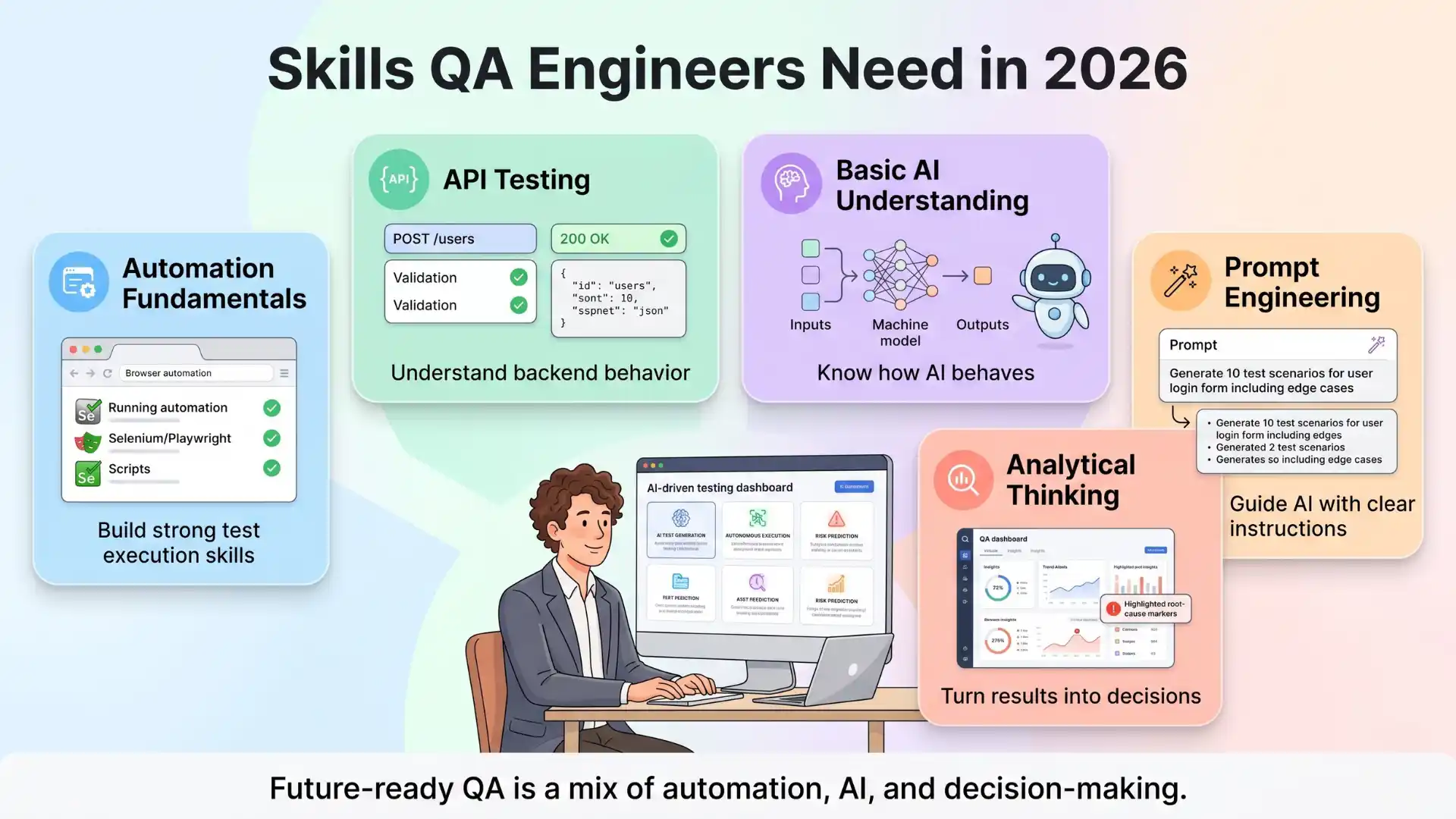 Infographic showing essential skills QA engineers need in 2026, including automation fundamentals with Selenium or Playwright, API testing, basic AI understanding, prompt engineering, and analytical thinking for AI-driven software testing