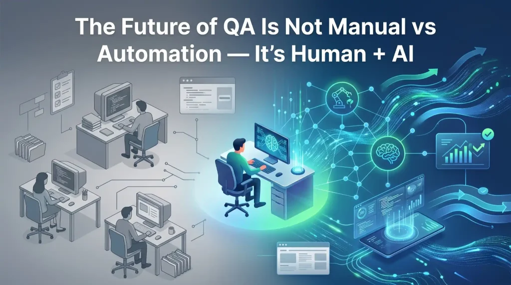 Future of QA showing the shift from manual vs automation testing to Human + AI collaboration in software testing workflows.