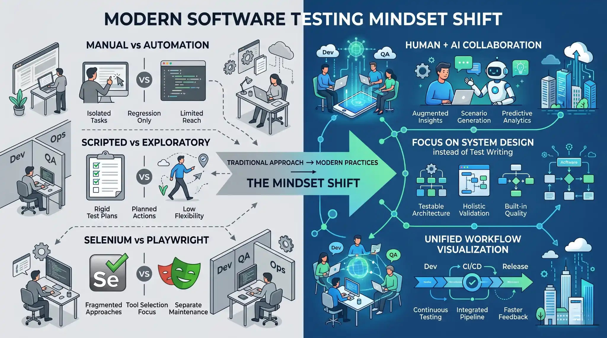 Modern software testing mindset shift from manual vs automation debates to Human + AI collaboration, system design, and unified QA workflows