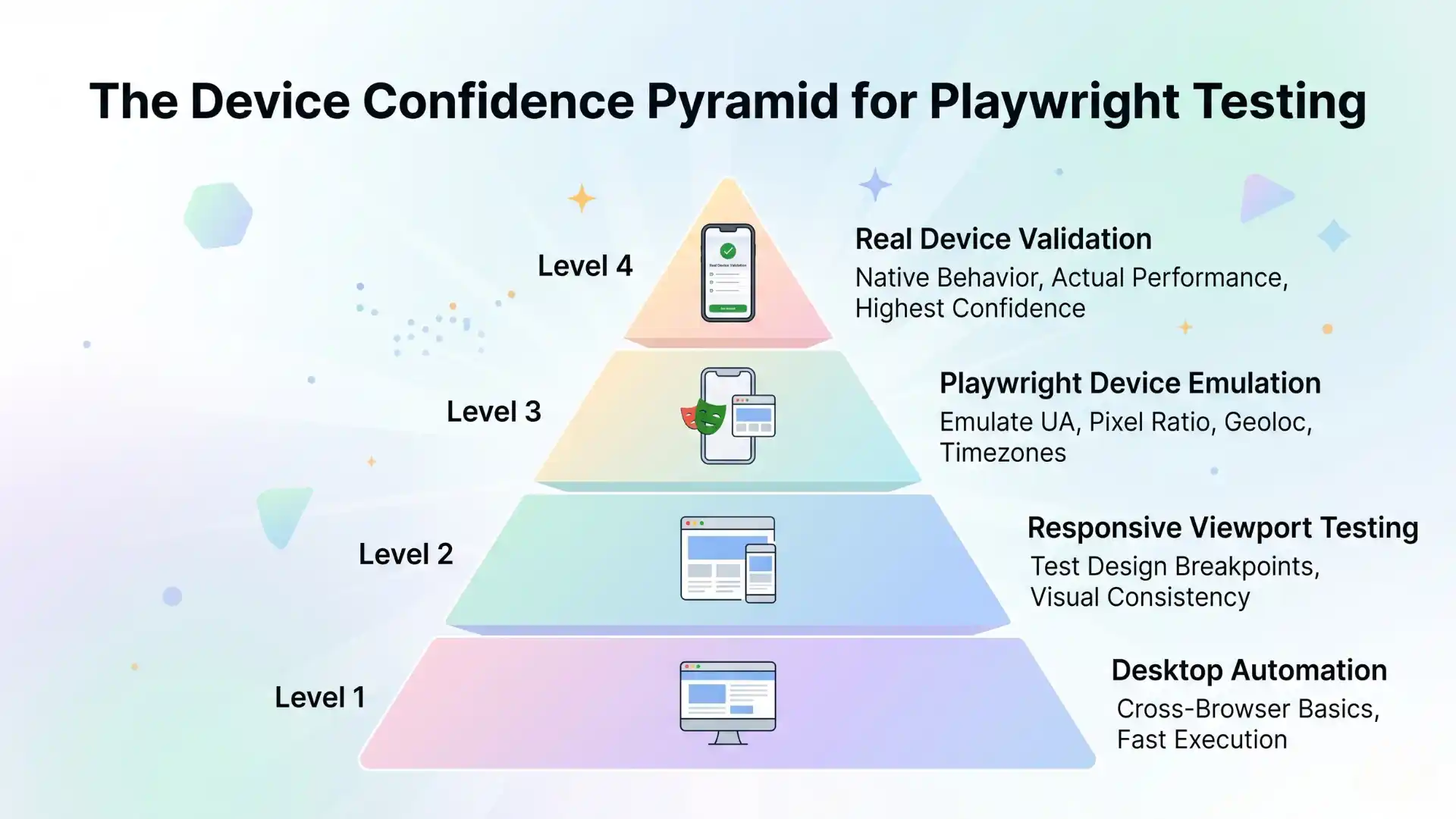 Infographic showing the device confidence pyramid for Playwright testing with desktop automation, responsive viewport testing, Playwright device emulation, and real device validation for better mobile QA confidence.