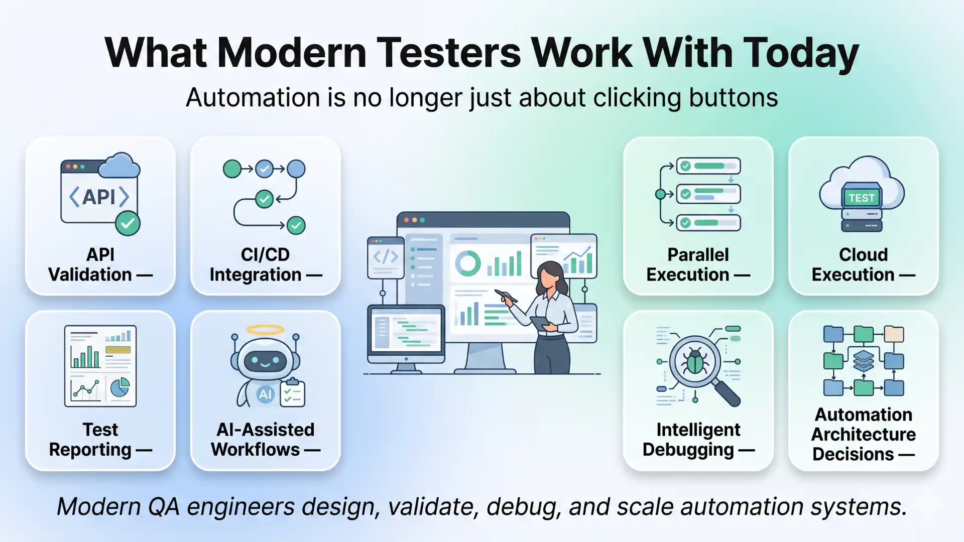 Modern testers working with API validation, CI/CD integration, parallel execution, cloud execution, test reporting, AI-assisted workflows, intelligent debugging, and automation architecture decisions.