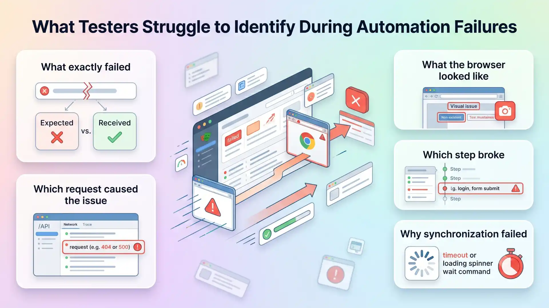 Infographic showing common Playwright automation failure debugging challenges, including identifying what failed, which network request caused the issue, what the browser displayed, which test step broke, and why synchronization failed.