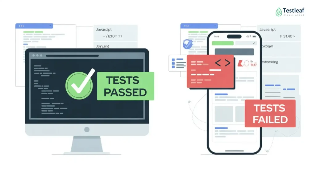 Illustration showing why Playwright tests pass on desktop but fail for mobile users due to touch behavior, smaller viewports, mobile browsers, slower networks, and real device conditions.