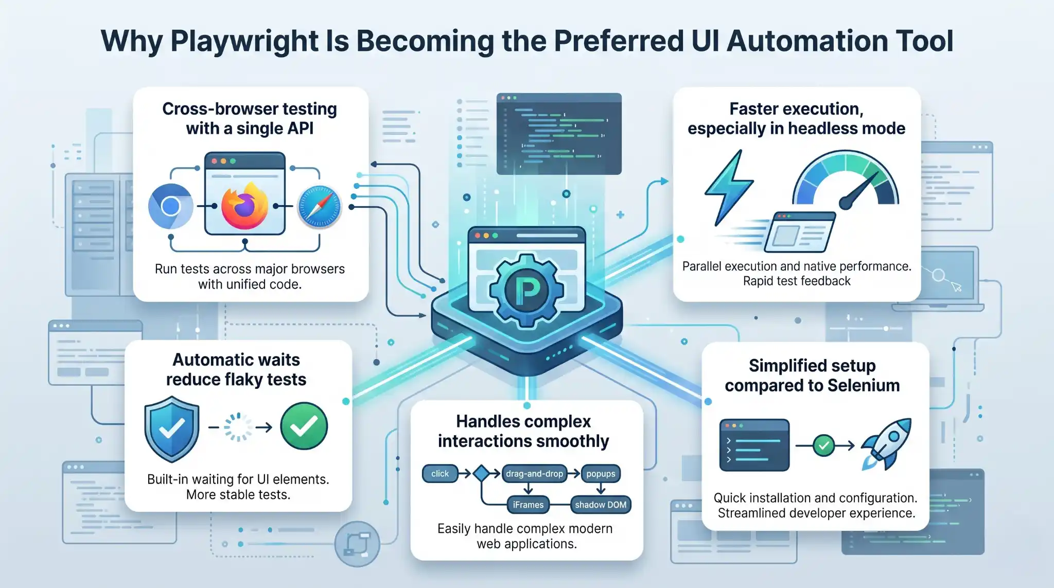 Why Playwright is becoming the preferred UI automation tool, showing features like cross-browser testing, faster execution, automatic waits, complex interactions handling, and simplified setup compared to Selenium.