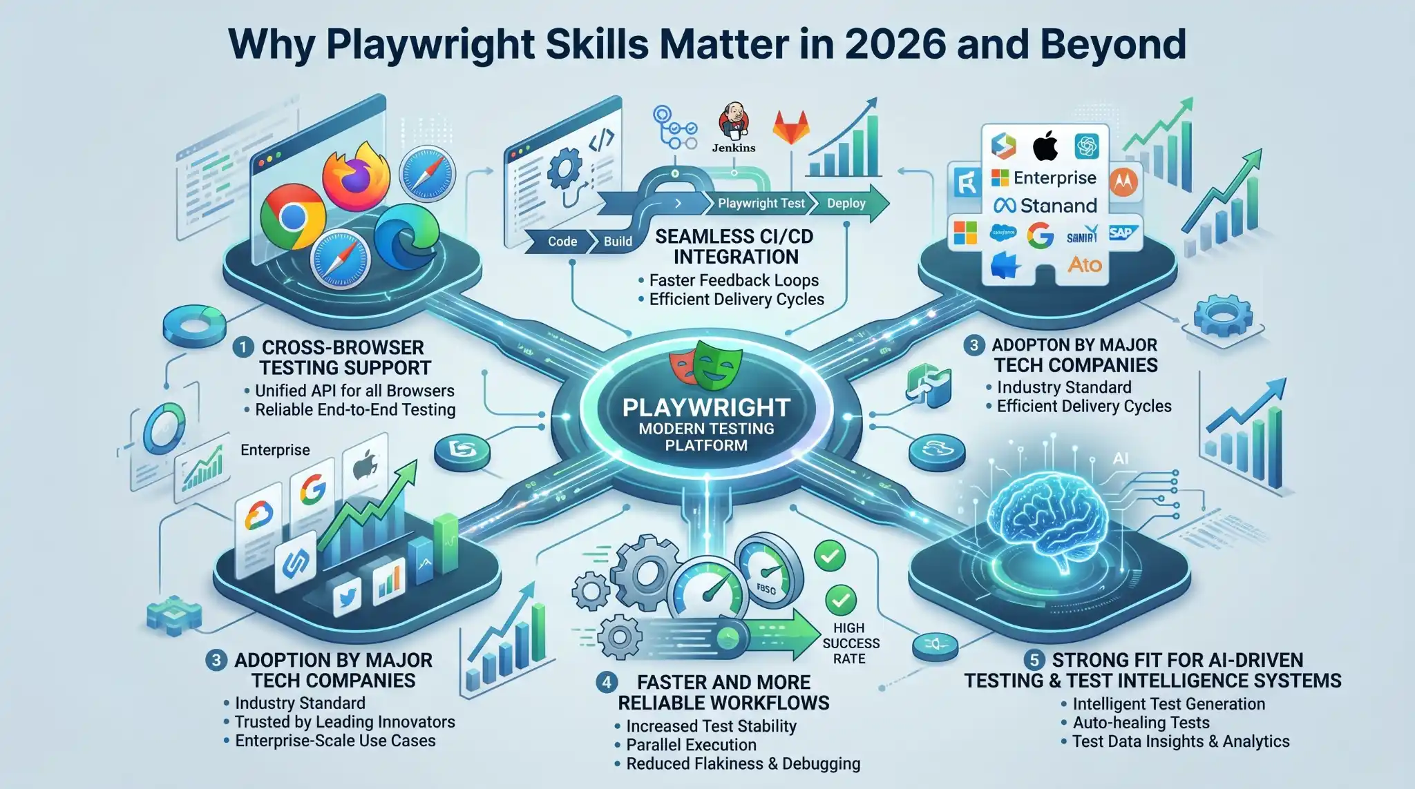 Why Playwright is becoming the preferred UI automation tool, showing features like cross-browser testing, faster execution, automatic waits, complex interactions handling, and simplified setup compared to Selenium.