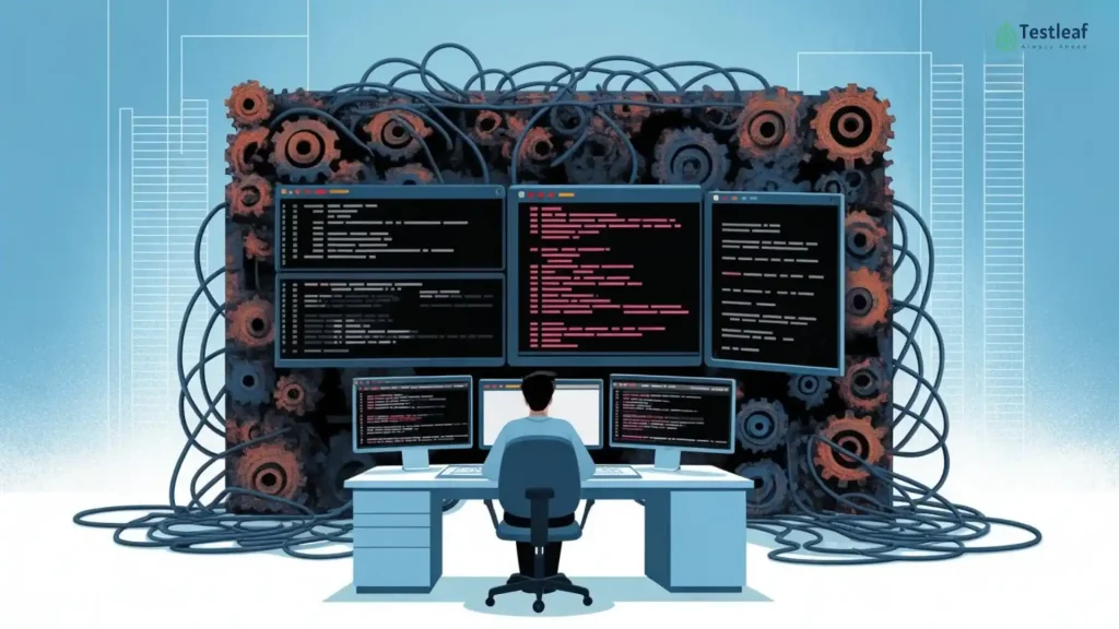 Software tester managing complex Selenium automation framework with multiple scripts, tangled dependencies, and maintenance challenges in test automation environment