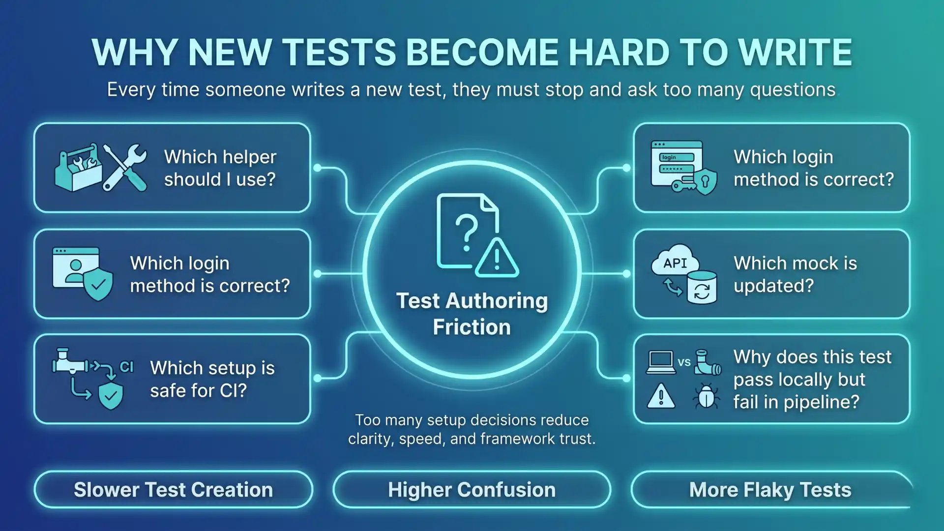Test authoring friction in Playwright frameworks showing helper selection, login setup, mock updates, CI-safe setup, and flaky pipeline failures.