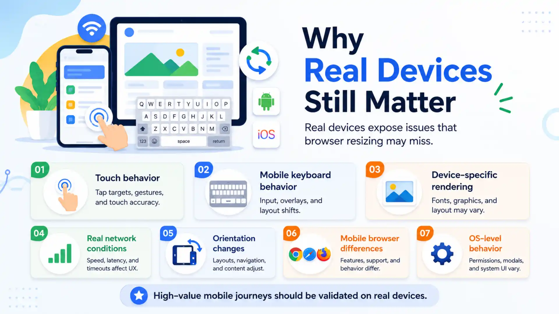 Infographic showing why real devices still matter in Selenium cross-browser testing, highlighting touch behavior, mobile keyboard behavior, device-specific rendering, real network conditions, orientation changes, mobile browser differences, and OS-level behavior.